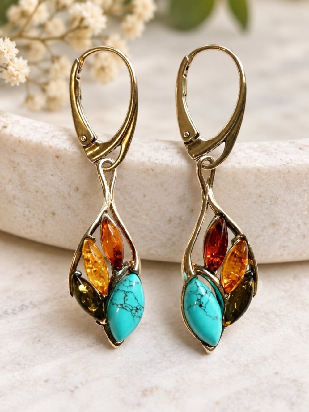 Southwestern Inspired Turquoise & Amber Teardrop Dangle Earrings Silver Tone
